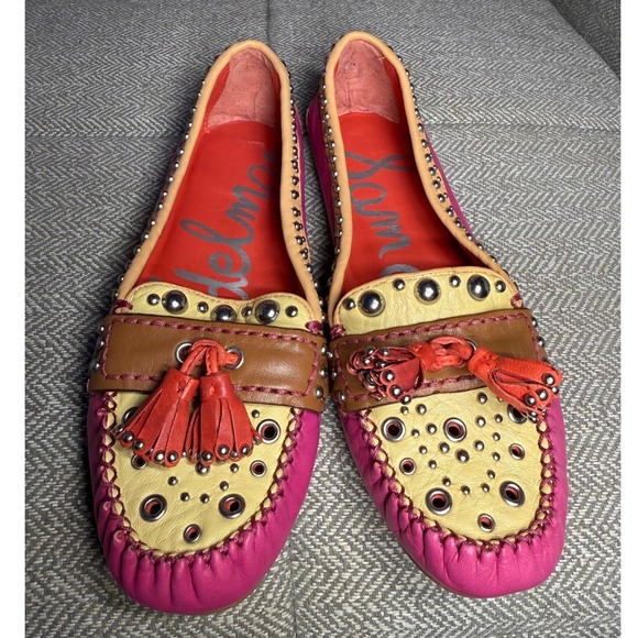Sam Edelman Shoes - Sam Edelman Aurora Pink Tan Studded Leather Tassel‎ Loafers Moccasins Flats 8.5M